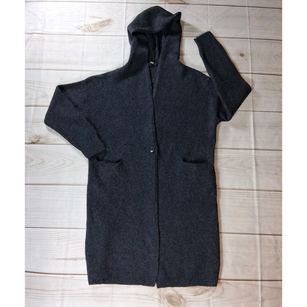 UNIQLO Wool Hooded Long Cardigan Coat Womens S Charcoal Tweed Space Dye Robe